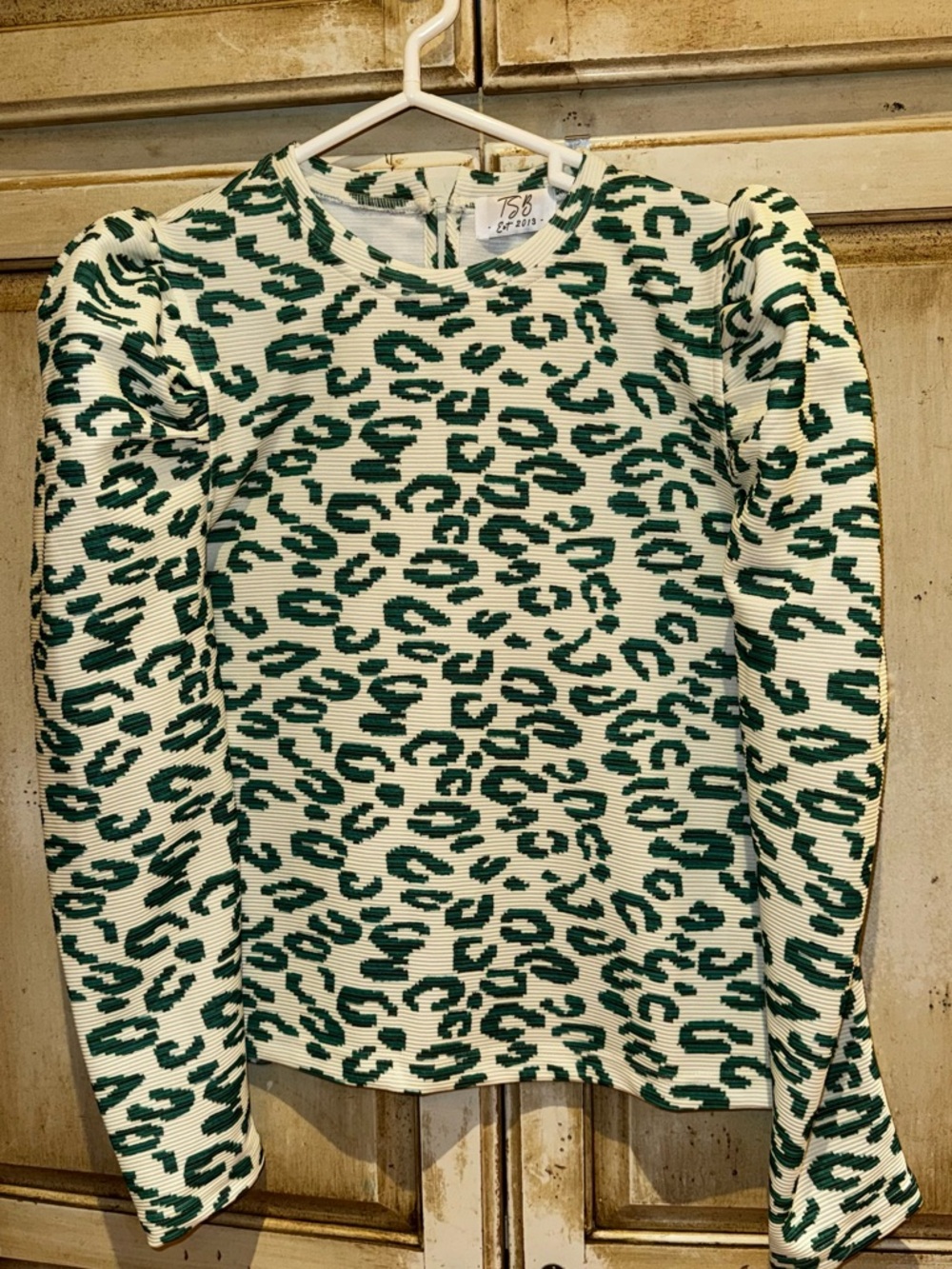 TSB Green Leopard Print Puff Sleeve Top